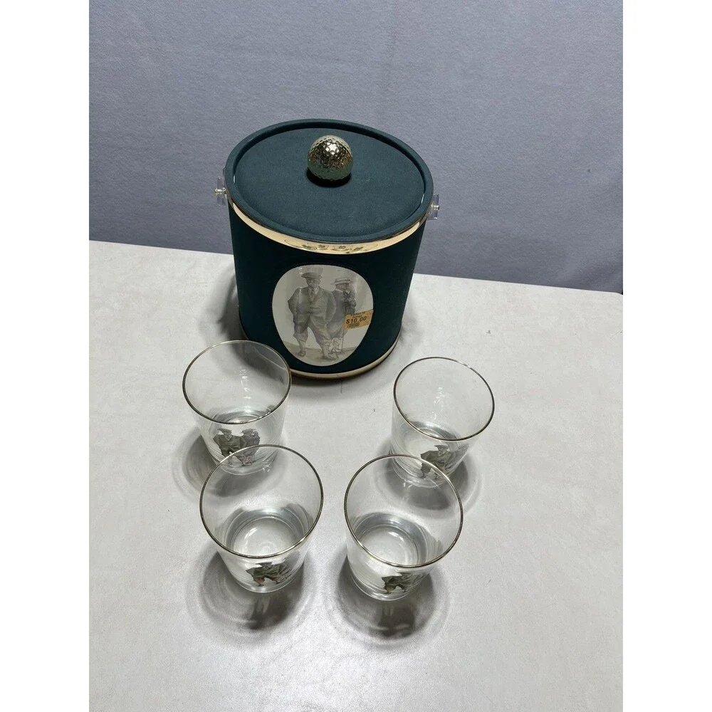 Vintage Golf Barware Set 4 Gold Rim 8 oz Tumblers Ice Bucket USA Made
